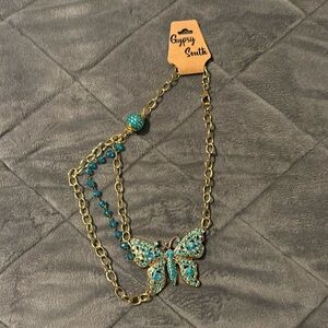 Gypsy South Gold and Aqua multi strand butterfly necklace New